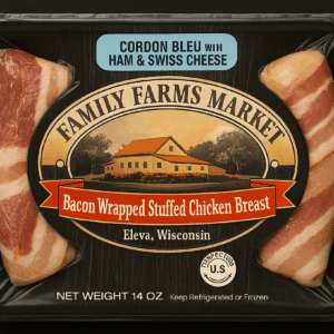 Cordon Bleu bacon-wrapped stuffed chicken package