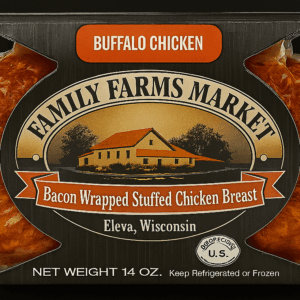 Buffalo bacon-wrapped stuffed chicken breast package