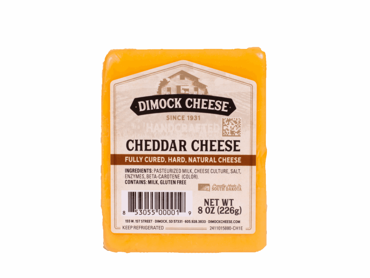 Dimock Cheddar cheese block with label