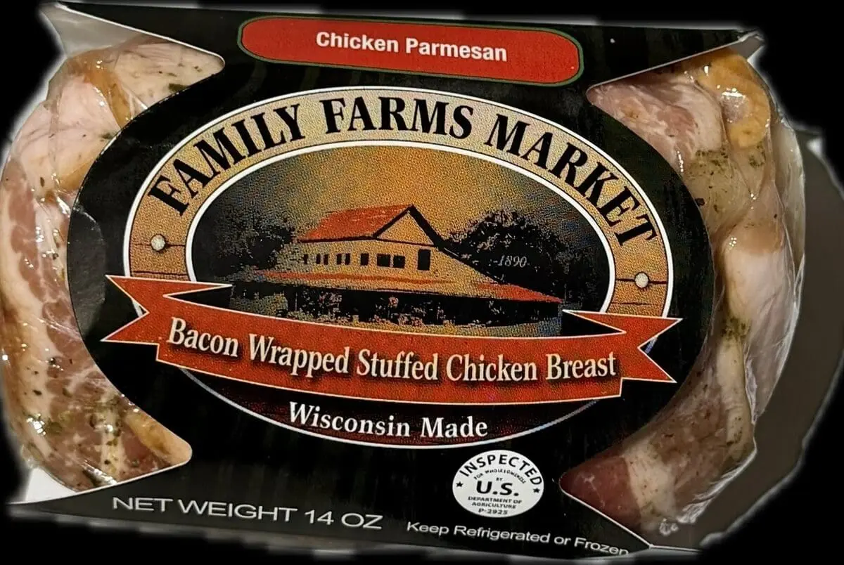 Package of bacon-wrapped stuffed chicken breasts