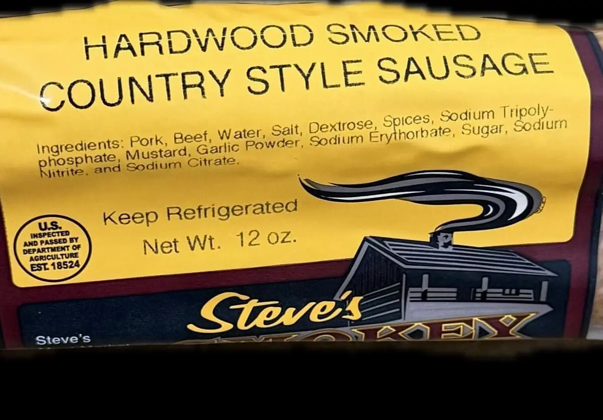 Hardwood smoked country-style sausage package