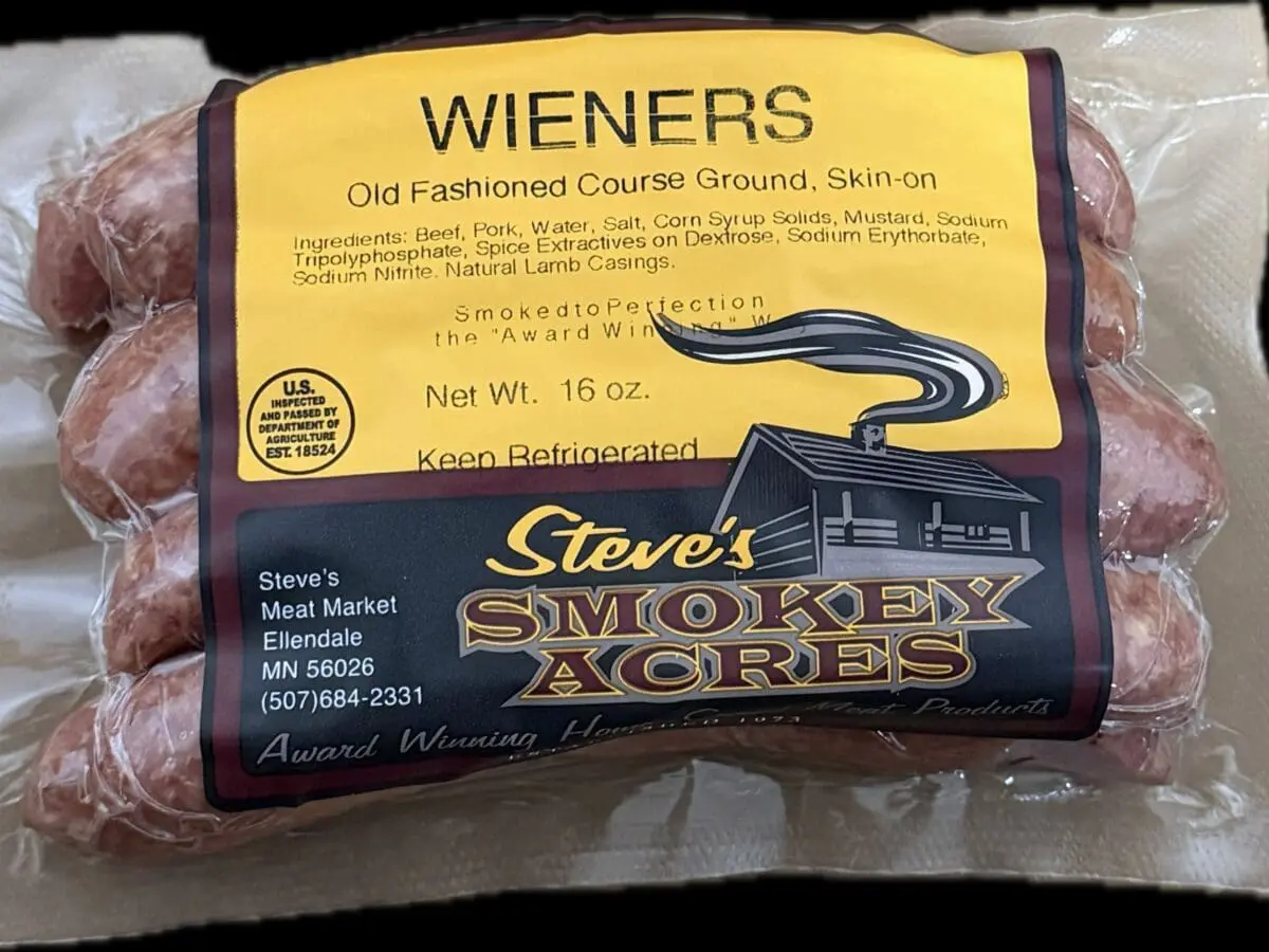 Pack of Wieners labeled Steve's Smokey Acres