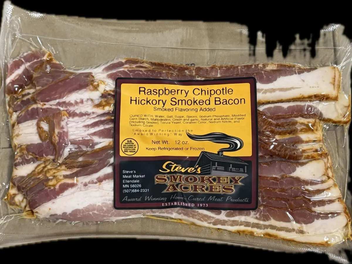 Vacuum-sealed raspberry chipotle hickory smoked bacon