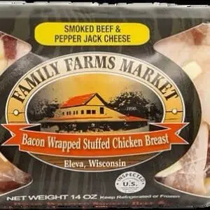 Packaged bacon-wrapped stuffed chicken breast