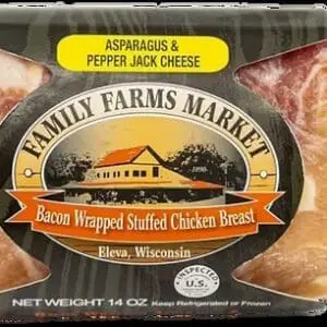 Packaged bacon-wrapped stuffed chicken breasts