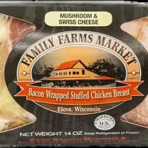 Packaged bacon-wrapped stuffed chicken breast