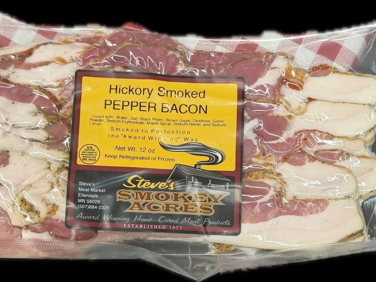 Vacuum-sealed hickory smoked pepper bacon package