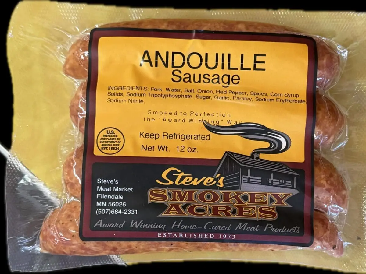 Packaged andouille sausage with yellow product label