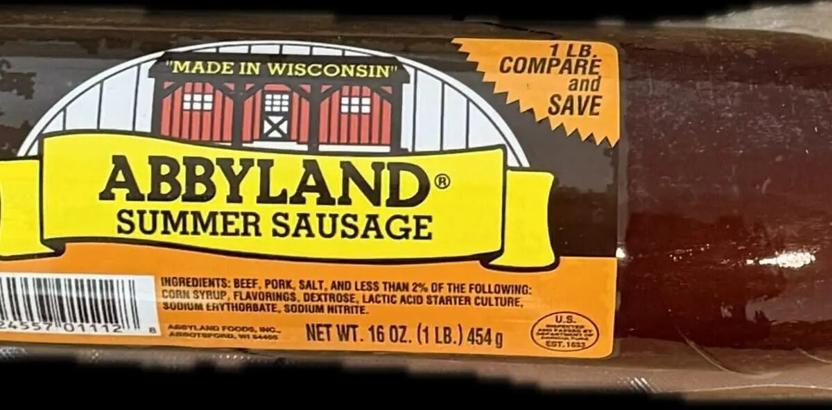 Abbyland summer sausage log in plastic packaging