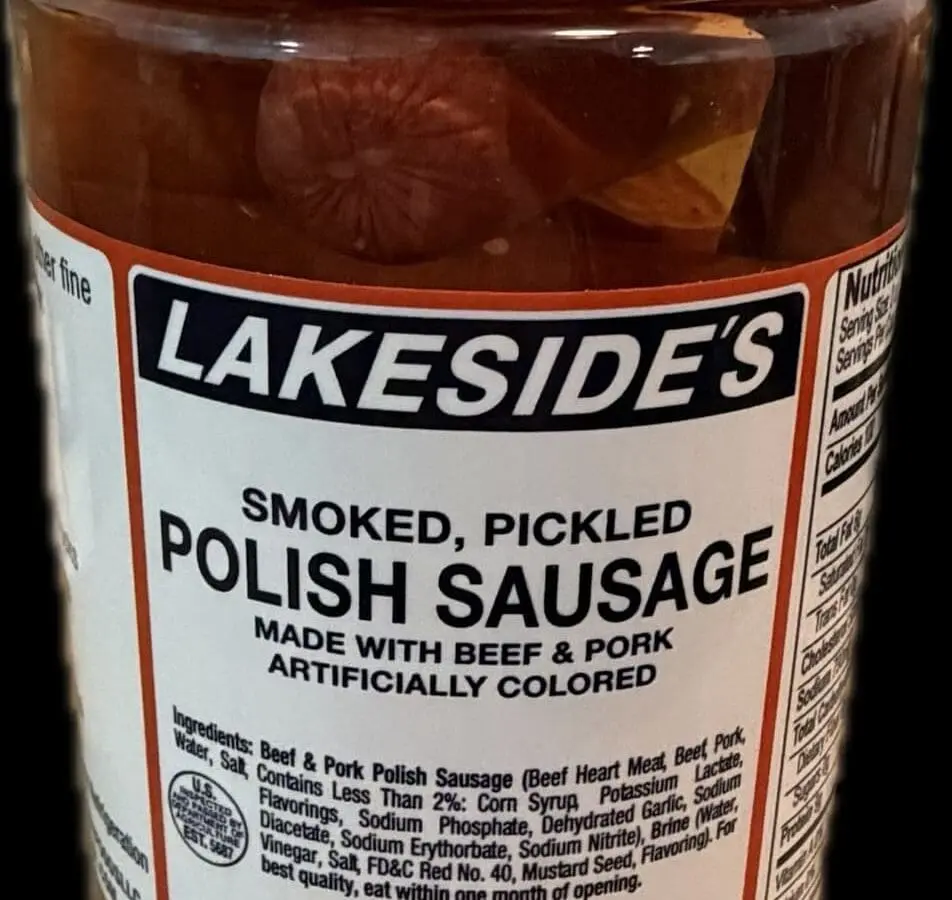 Jar of Lakeside's smoked pickled Polish sausage