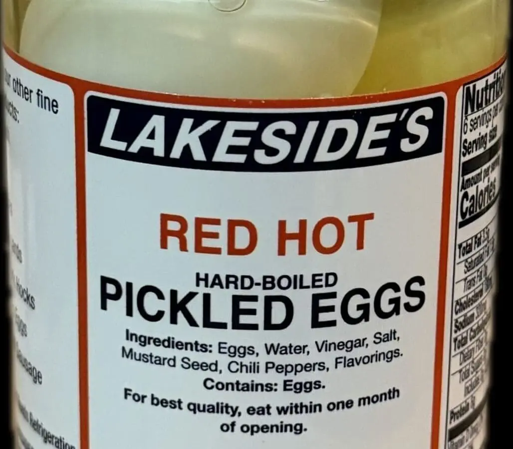 Jar of Lakeside's Red Hot pickled eggs