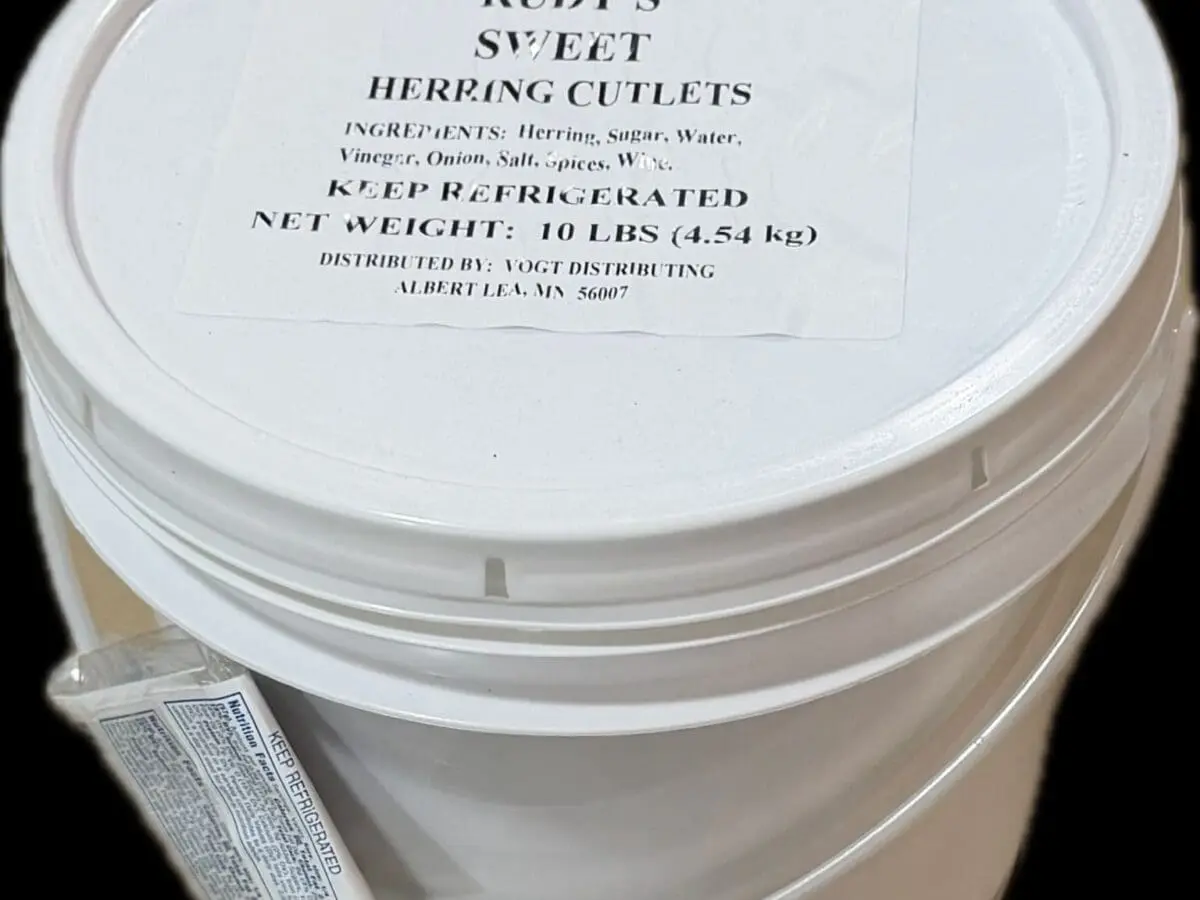 Bucket labeled Rudy's Sweet Herring Cutlets