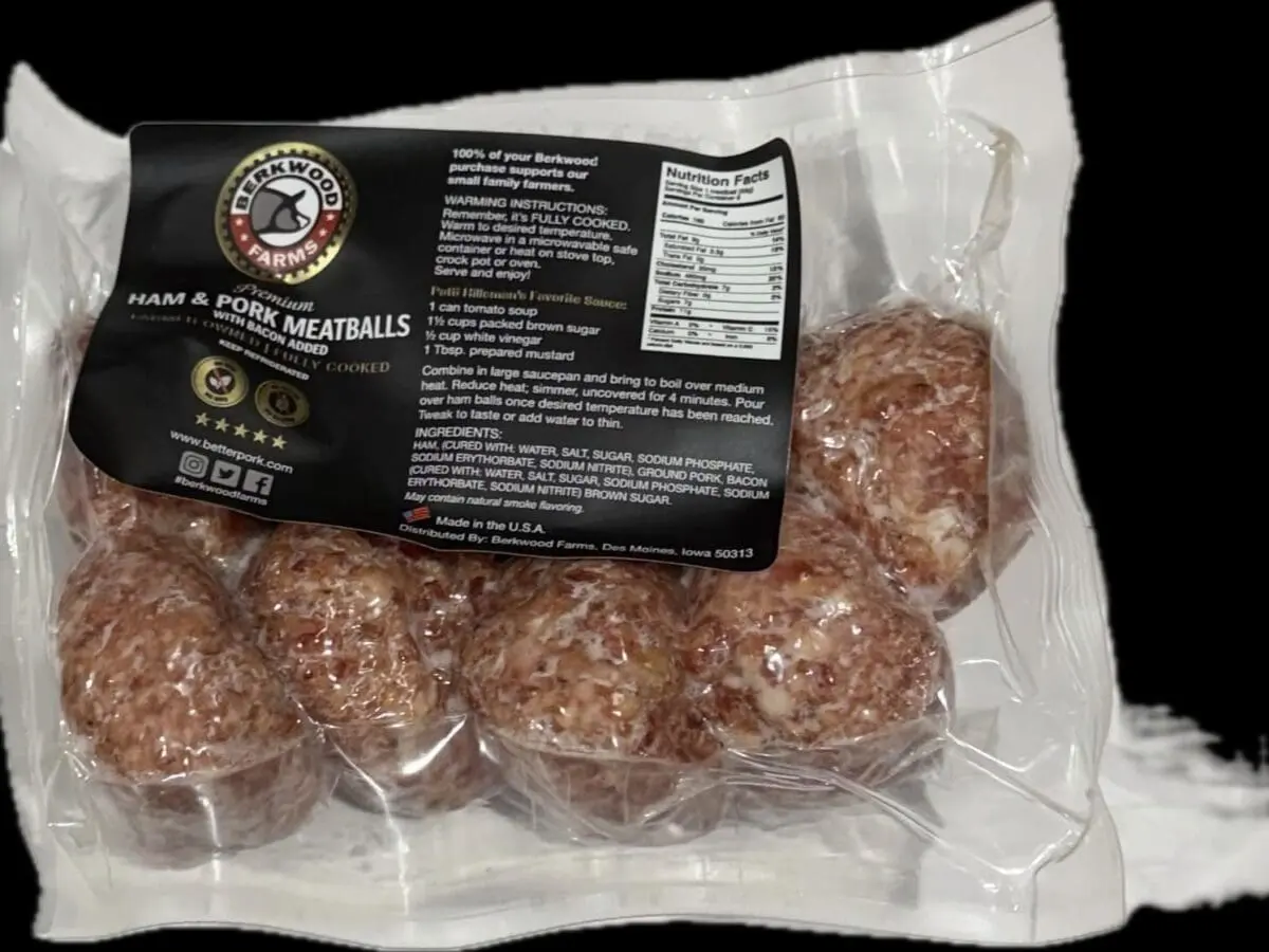 Vacuum-sealed package of ham and pork meatballs