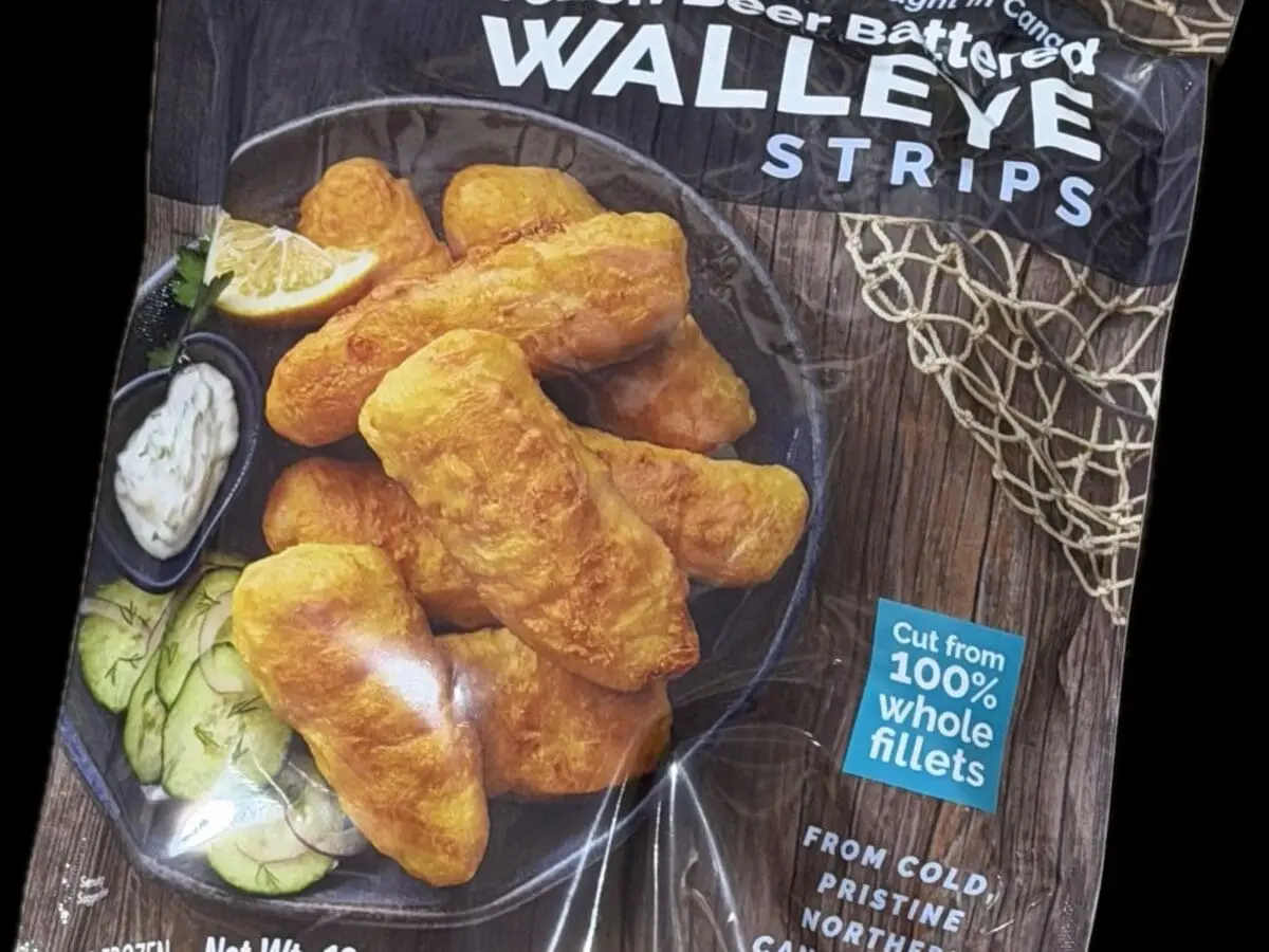 Bag of frozen beer-battered walleye strips