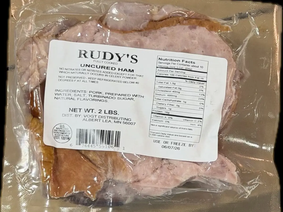 Vacuum-sealed package of Rudy's uncured ham