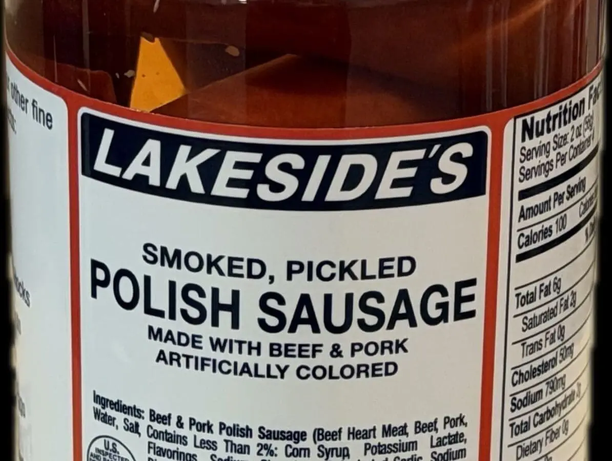 Jar of Lakeside's smoked pickled Polish sausage