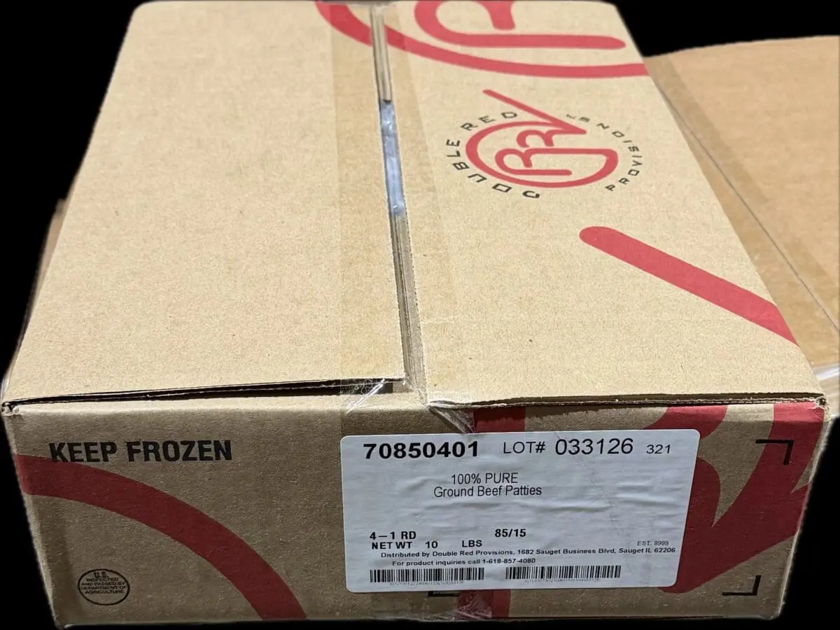 Cardboard box of frozen ground beef patties