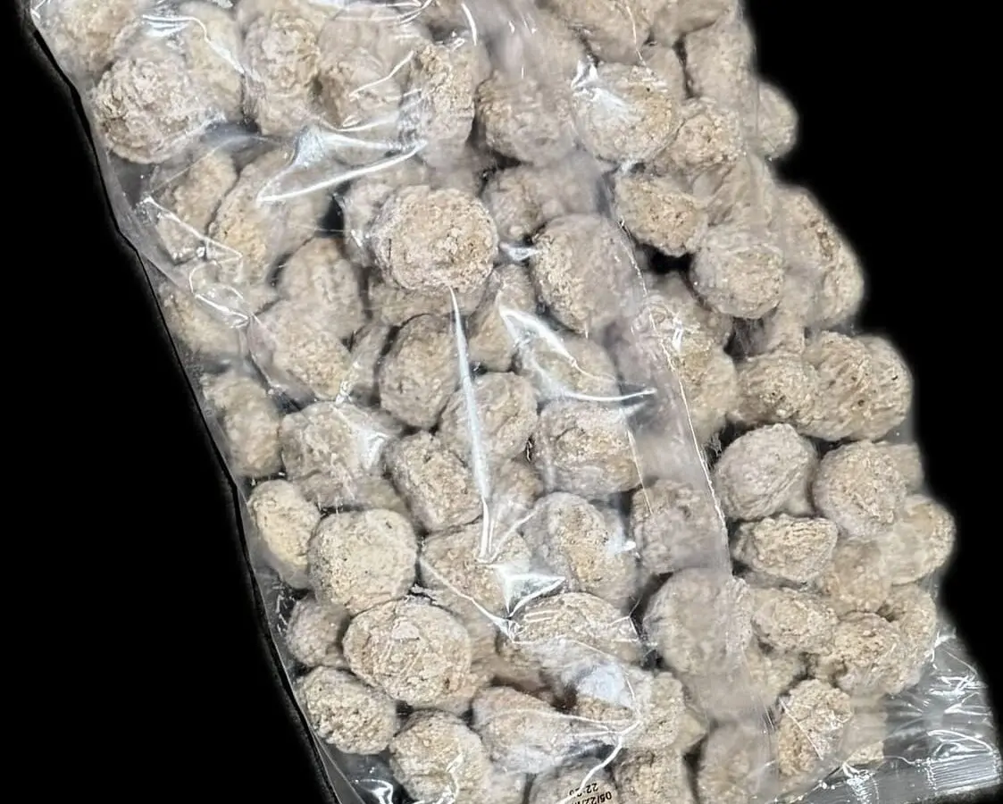 Clear plastic bag of beige round pellets