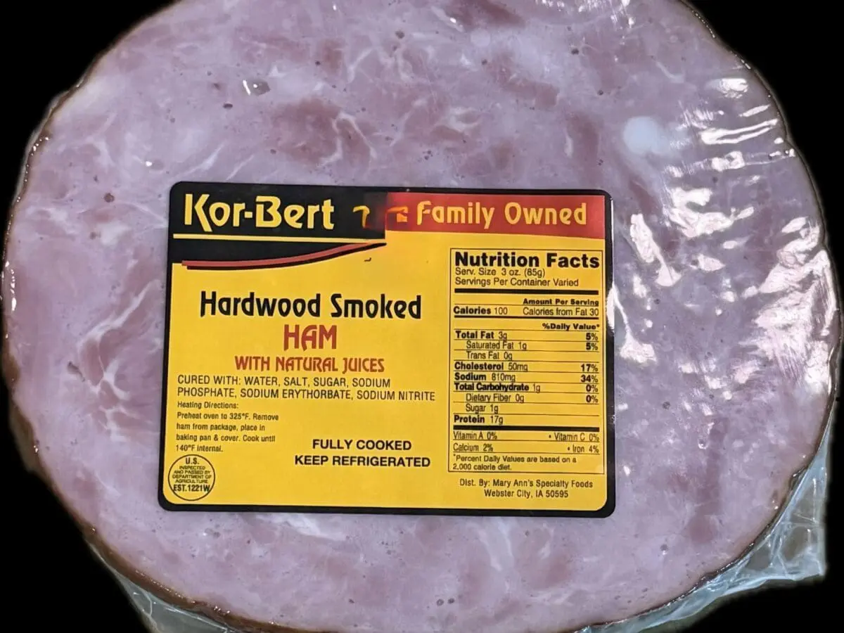 Round packaged hardwood smoked ham with label