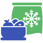 Bowl of fruit and snowflake bag.