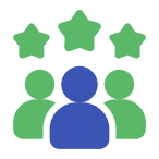Three people icons with three stars above.