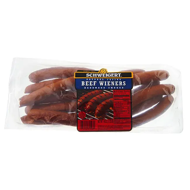 Packaged beef wieners in clear plastic