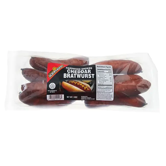 Packaged hardwood smoked cheddar bratwurst sausages