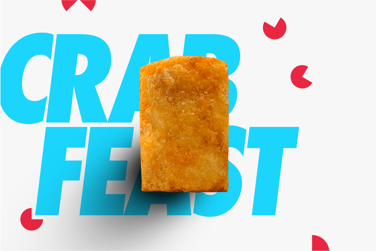 Golden fried crab cake on 'Crab Feast' background