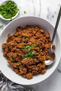 Spiced ground beef keema in white bowl