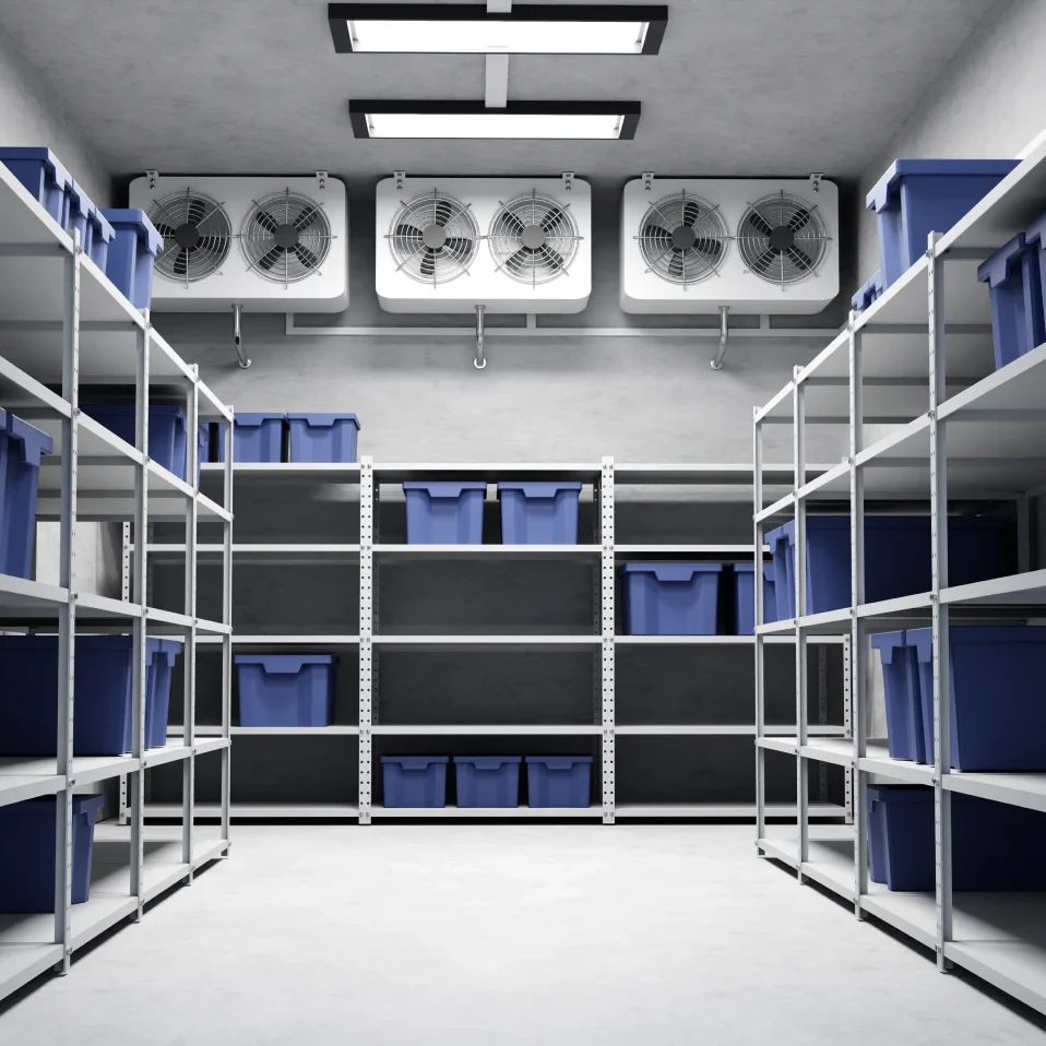 Storage room with blue bins and shelves.